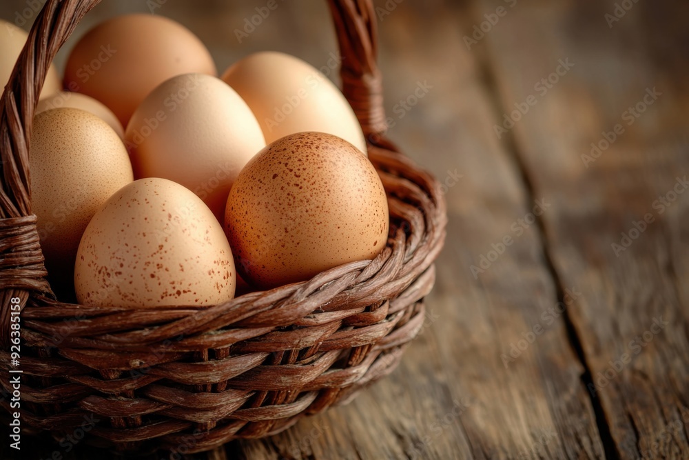 Charming close-up of a rustic basket filled with farm-fresh eggs on a wooden surface Charming close-up of a rustic basket filled with farm-fresh eggs on a wooden surface