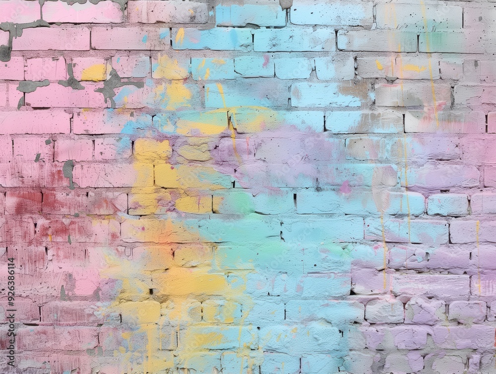 Fototapeta premium Pastel Colored Chalk Powder Stains on Brick Wall Featuring Soft Hues