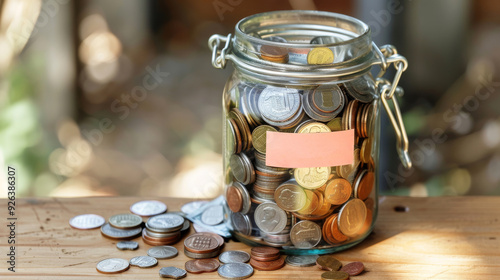 A glass jar filled with pennies sits on a wooden table. The jar is labeled 