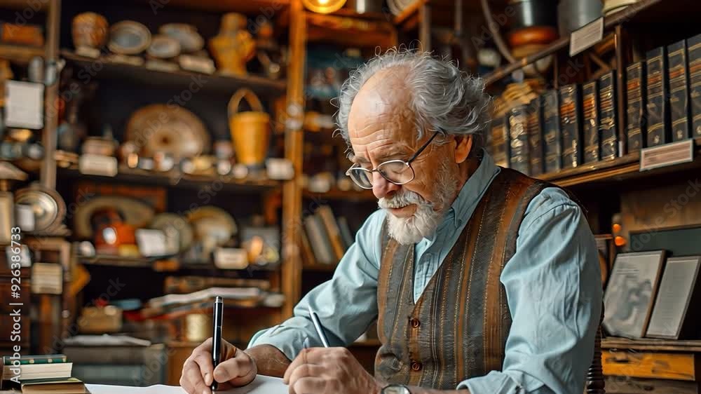 Working in an antique shop, a senior man entrepreneur writes on paper at his desk. Working in an antique shop, a senior man entrepreneur writes on paper at his desk.
