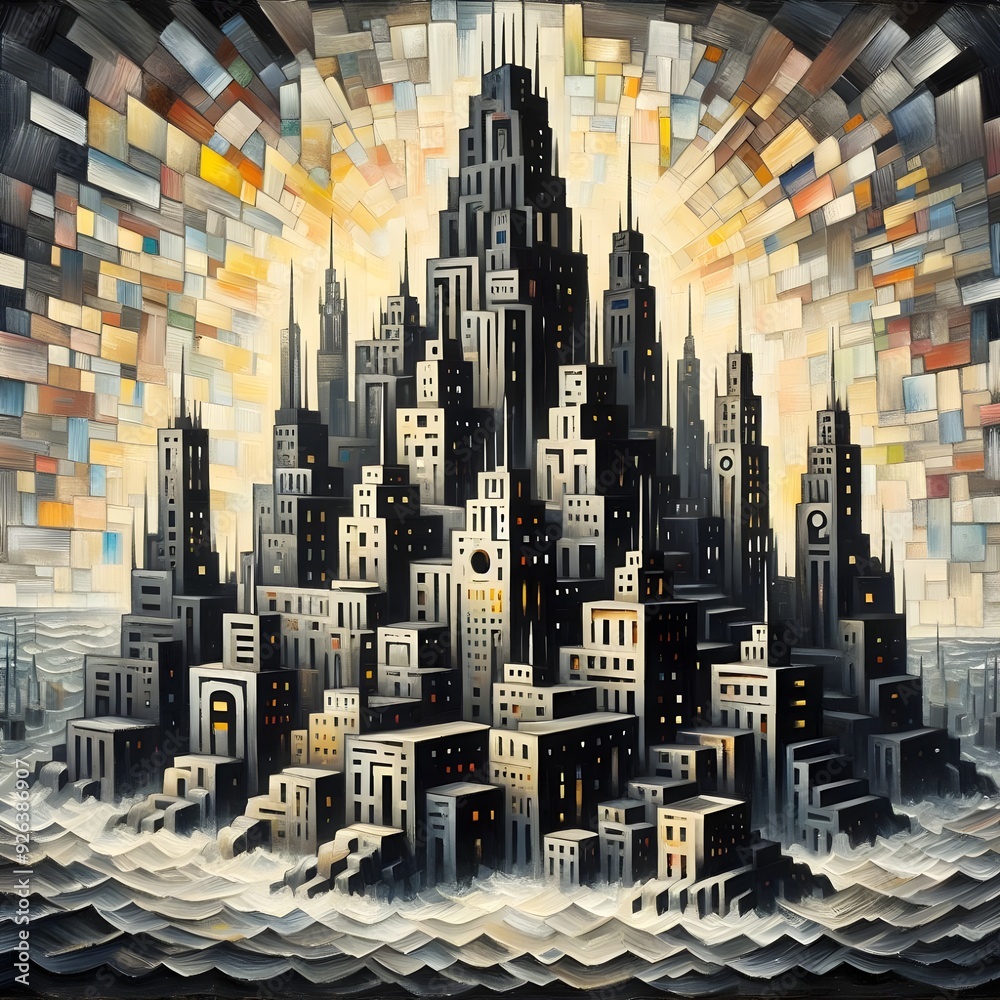 Obraz premium City of Light: An Abstract Metropolis Rising Above the Waves.