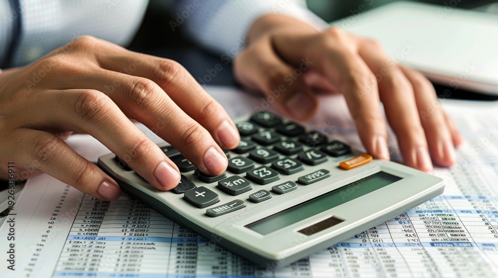 A woman's hands are using a calculator to add up a column of numbers on a spreadsheet. A woman's hands are using a calculator to add up a column of numbers on a spreadsheet.