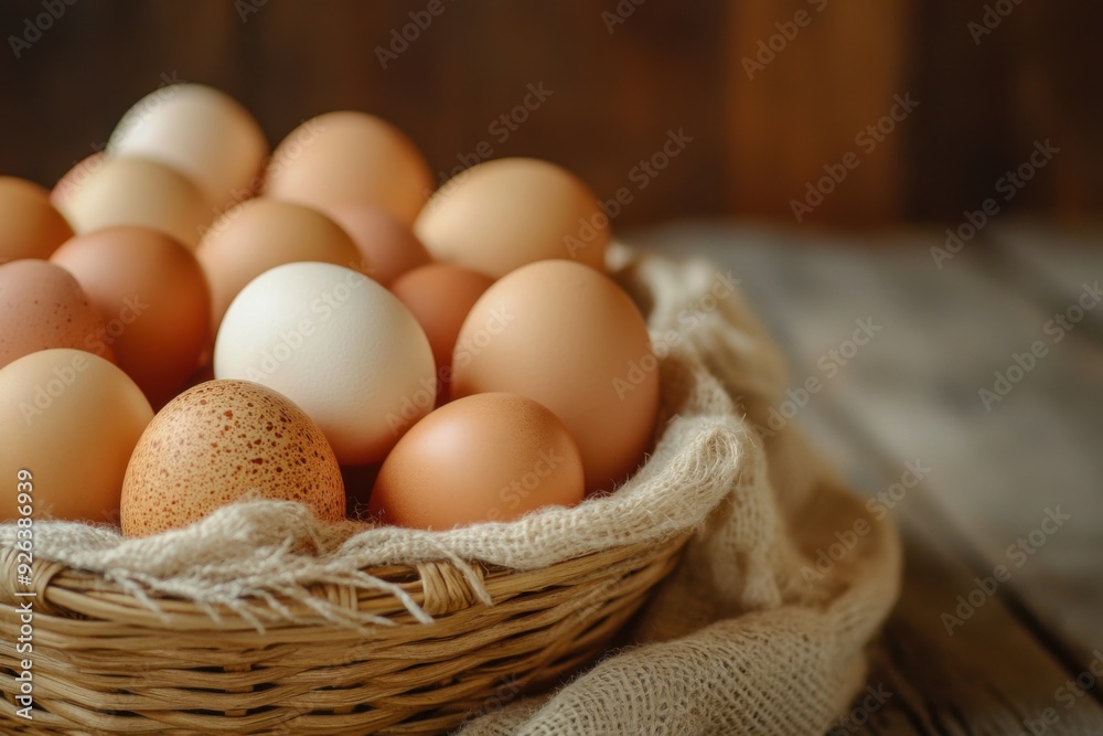 Close-up of a rustic basket filled with farm-fresh eggs on a wooden table Close-up of a rustic basket filled with farm-fresh eggs on a wooden table