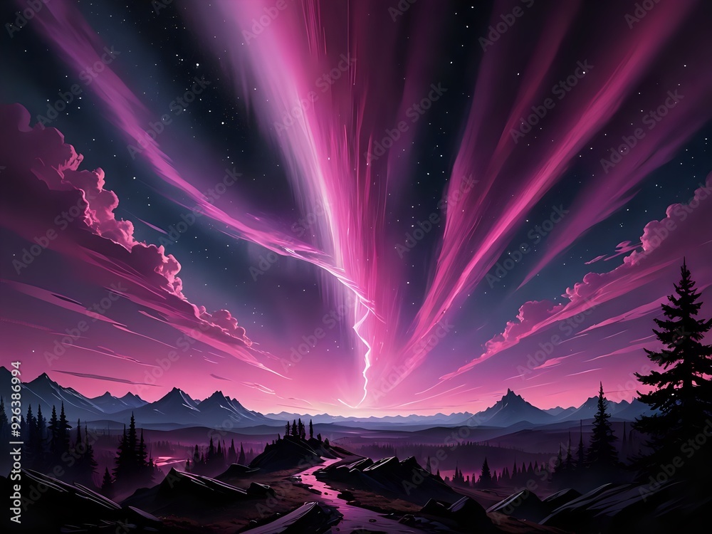 A breathtaking landscape of mountains, forests, and a vibrant pink aurora borealis. A breathtaking landscape of mountains, forests, and a vibrant pink aurora borealis.