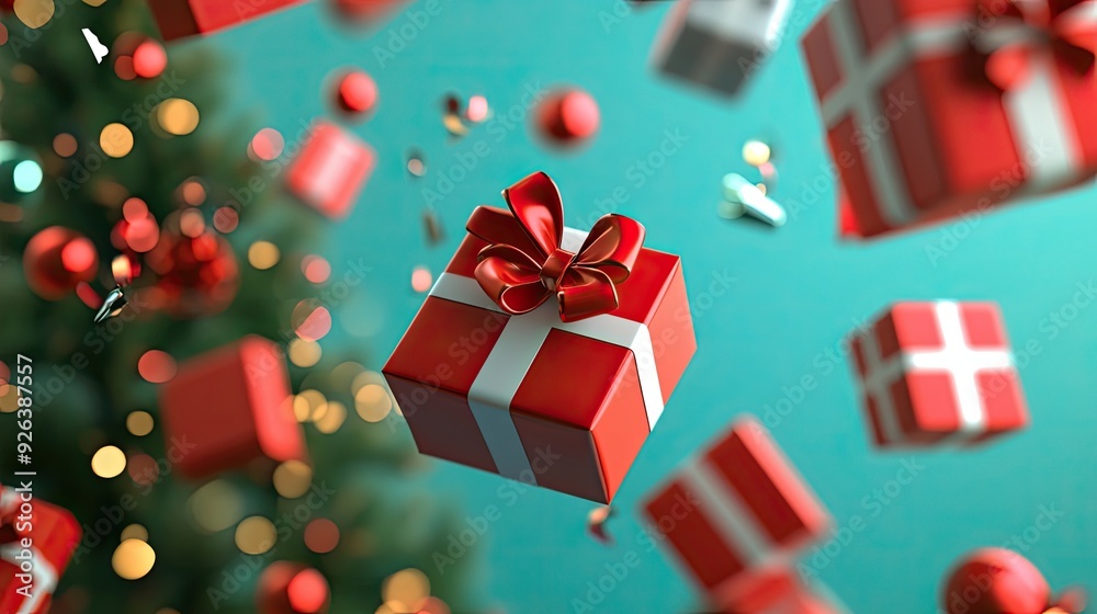 Floating Red Gift Boxes with Sparkles in Festive Atmosphere Floating Red Gift Boxes with Sparkles in Festive Atmosphere