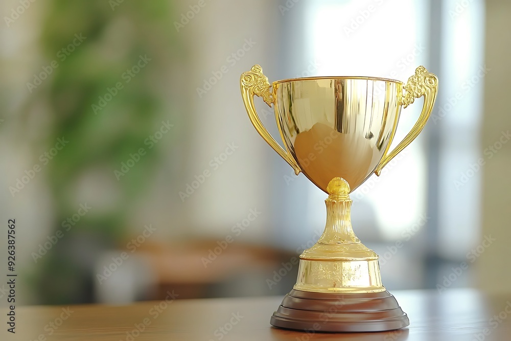 Shiny golden trophy cup on a wooden table with a blurred office background, symbolizing achievement, success, and competition in a professional setting Shiny golden trophy cup on a wooden table with a blurred office background, symbolizing achievement, success, and competition in a professional setting