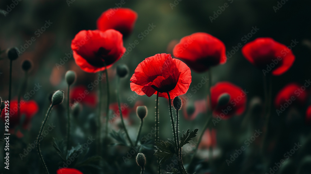 Fototapeta premium Red poppies on dark green background 