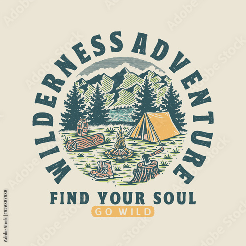 camping illustration adventure graphic wilderness design camp fire vintage ax badge outdoor life
