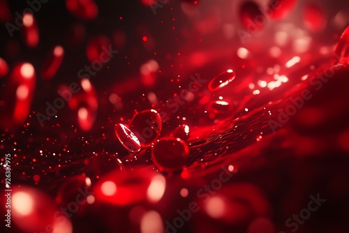 Highly detailed macro shot of red blood cells flowing through veins, rendered with deep red color and dynamic lighting effects, highlighting the essence of human blood circulation