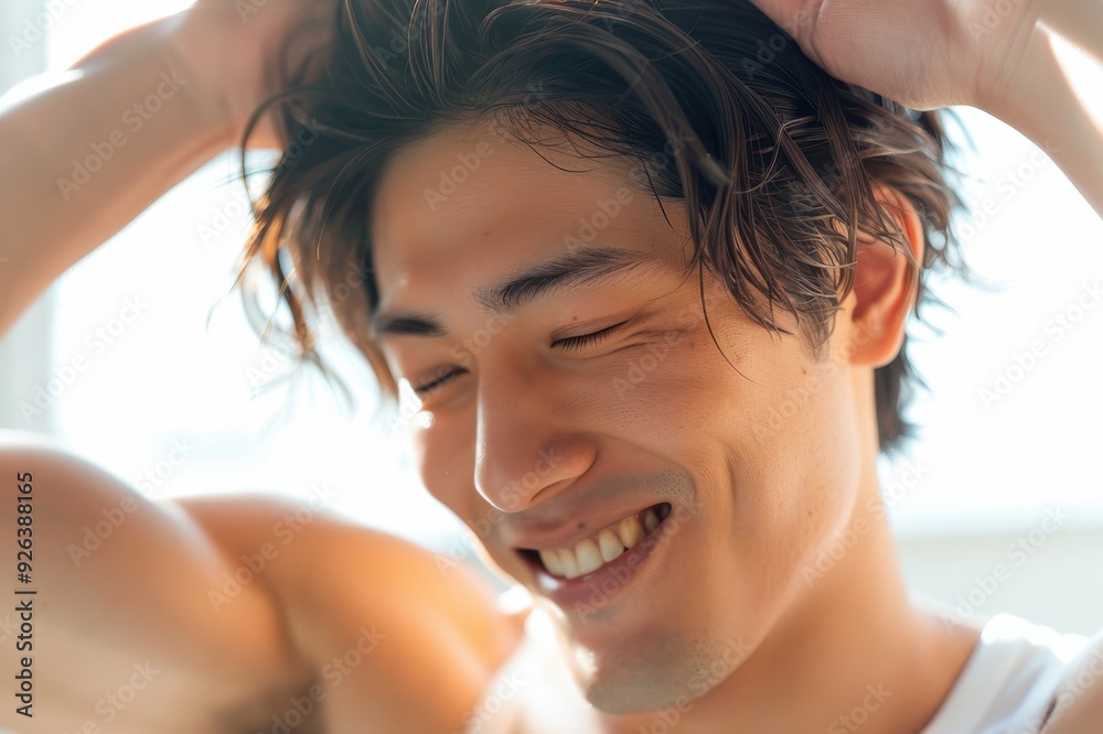 朝の光の中で目を閉じる笑顔の日本人男性(美容・朝活・快眠・睡眠・幸せ・健康) 朝の光の中で目を閉じる笑顔の日本人男性(美容・朝活・快眠・睡眠・幸せ・健康)