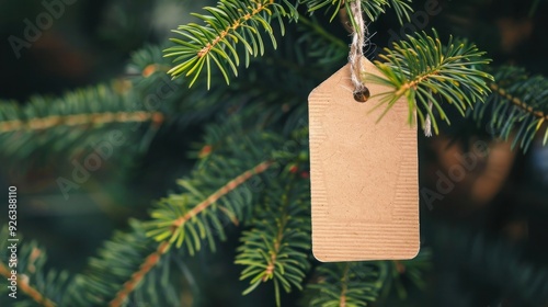 Blank Kraft Paper Tag Hanging on a Christmas Tree Branch