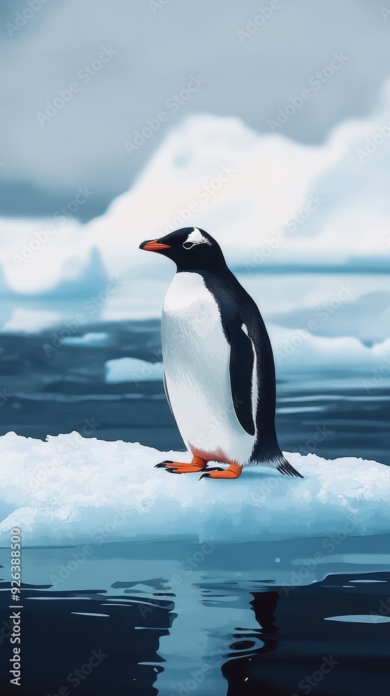 Fototapeta premium A penguin stands atop an ice floe, surrounded by calm waters and ice in an Arctic setting