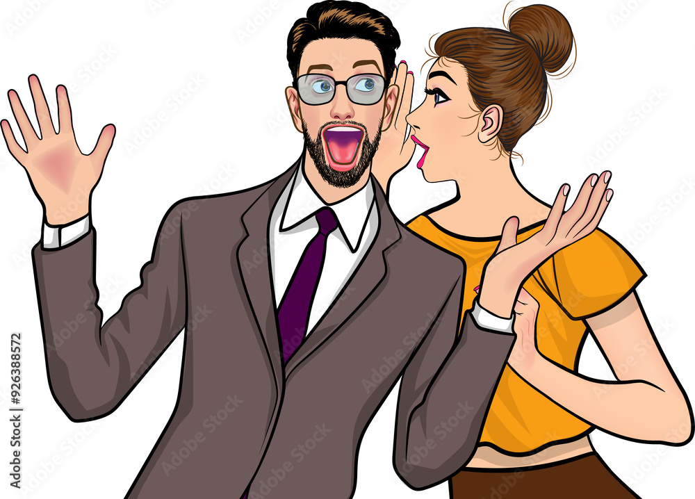 people whispering gossip or business secret to friend surprised In Retro Vintage Pop Art Comic Style people whispering gossip or business secret to friend surprised In Retro Vintage Pop Art Comic Style