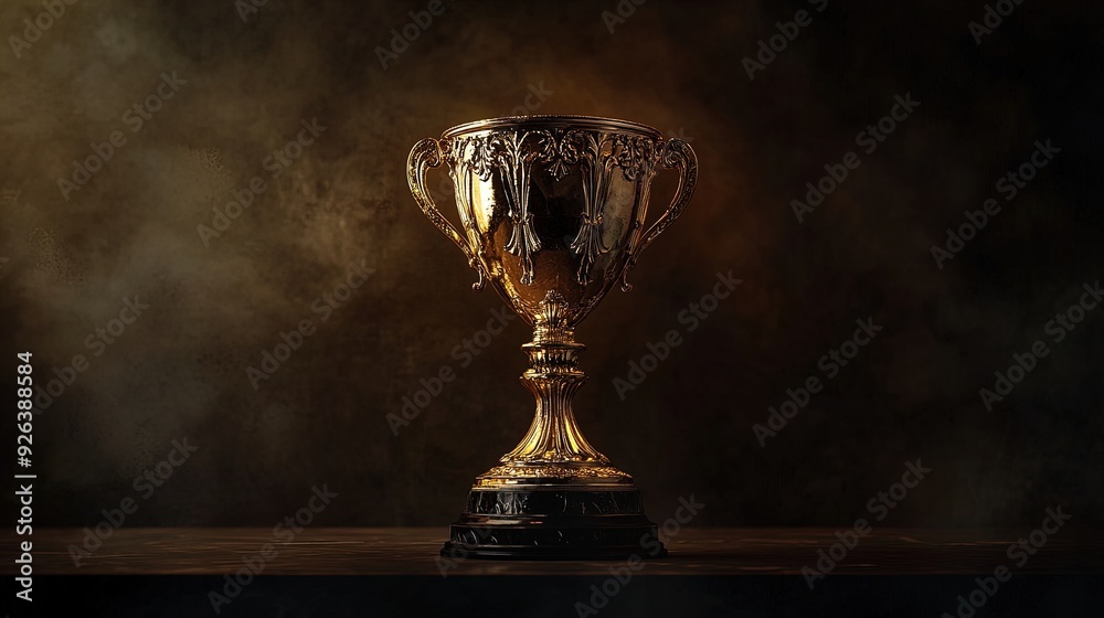 Stunning Golden Trophy on Black Surface: Perfect for Sports Interior Posters & Awards Displays, Showcasing Intricate Details Illuminated by Soft Lighting Against a Dark Backdrop. Stunning Golden Trophy on Black Surface: Perfect for Sports Interior Posters & Awards Displays, Showcasing Intricate Details Illuminated by Soft Lighting Against a Dark Backdrop.
