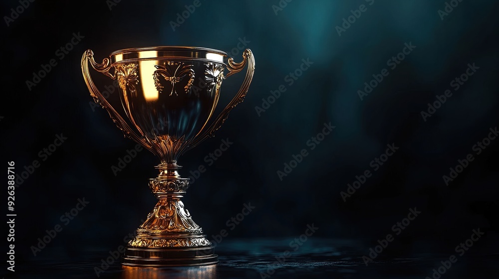 Stunning Golden Trophy on Black Surface: Perfect for Sports Interior Posters & Awards Displays, Showcasing Intricate Details Illuminated by Soft Lighting Against a Dark Backdrop. Stunning Golden Trophy on Black Surface: Perfect for Sports Interior Posters & Awards Displays, Showcasing Intricate Details Illuminated by Soft Lighting Against a Dark Backdrop.