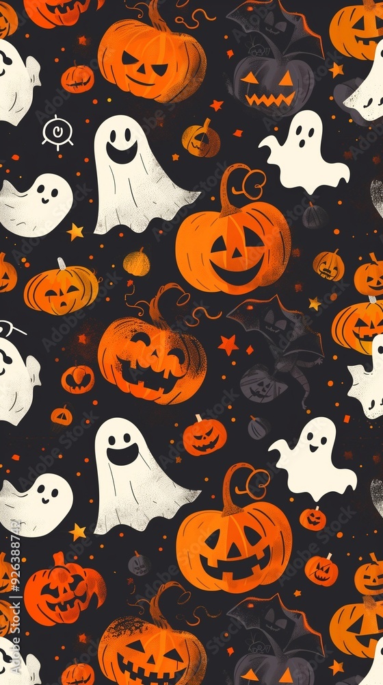 Cute Halloween wallpaper with funny pumpkins and ghosts on a dark background Cute Halloween wallpaper with funny pumpkins and ghosts on a dark background
