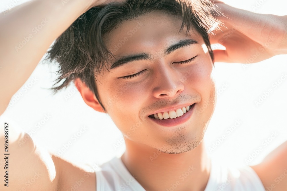朝の光の中で目を閉じる笑顔の日本人男性(美容・朝活・快眠・睡眠・幸せ・健康) 朝の光の中で目を閉じる笑顔の日本人男性(美容・朝活・快眠・睡眠・幸せ・健康)