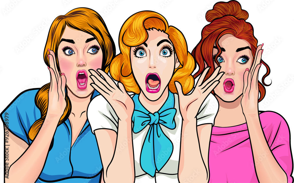 Woman whispering gossip or secret to her friend surprised In Retro Vintage Pop Art Comic Style Woman whispering gossip or secret to her friend surprised In Retro Vintage Pop Art Comic Style