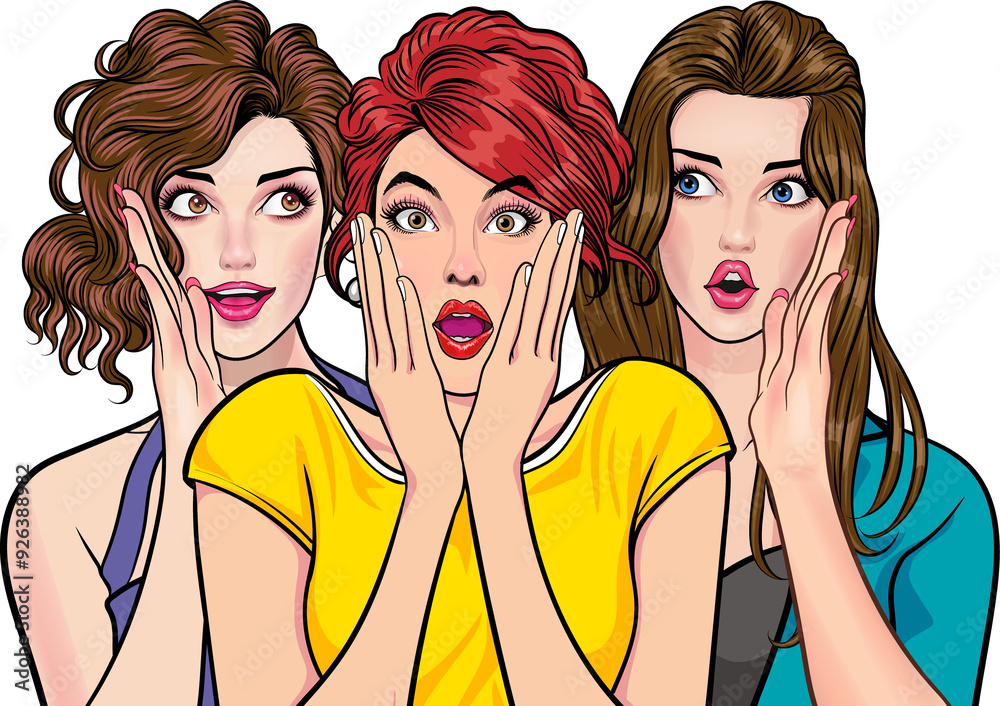 Woman whispering gossip or secret to her friend surprised In Retro Vintage Pop Art Comic Style