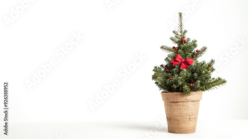 Small Christmas Tree with Red Bow in Burlap Pot on White Background