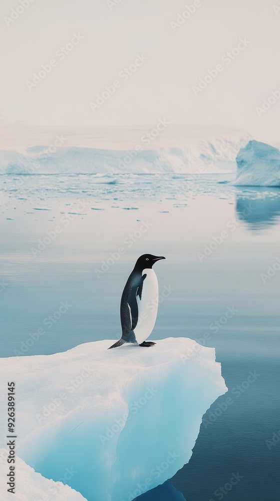 Obraz premium A penguin is perched on an ice floe, surrounded by tranquil waters and icy landscapes in Antarctica