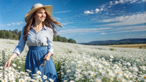 happy woman walking in flowering field fashion #926389111