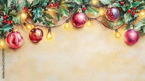 Vintage Christmas Garland with Ornaments and Lights on Beige Background