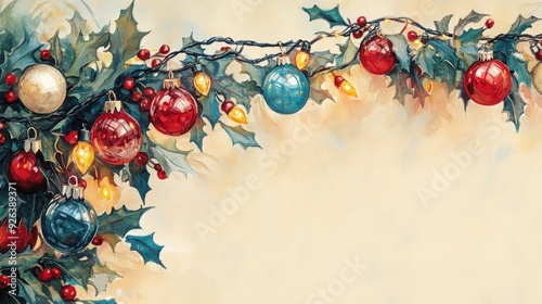 Vintage Christmas Garland with Ornaments and Lights on Beige Background