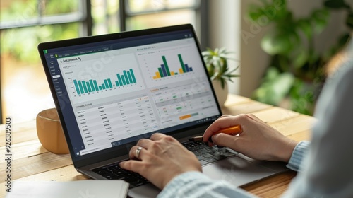 Businesswoman analyzing financial data on laptop