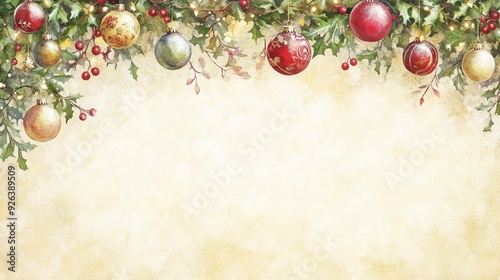 Vintage Christmas Garland with Ornaments and Lights on Beige Background