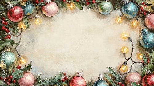Vintage Christmas Garland with Ornaments and Lights on Beige Background