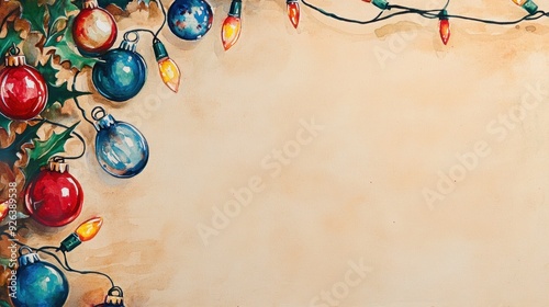 Vintage Christmas Garland with Ornaments and Lights on Beige Background