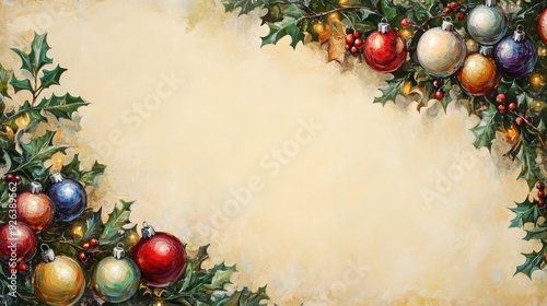 Vintage Christmas Garland with Ornaments and Lights on Beige Background