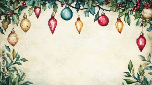Vintage Christmas Garland with Ornaments and Lights on Beige Background
