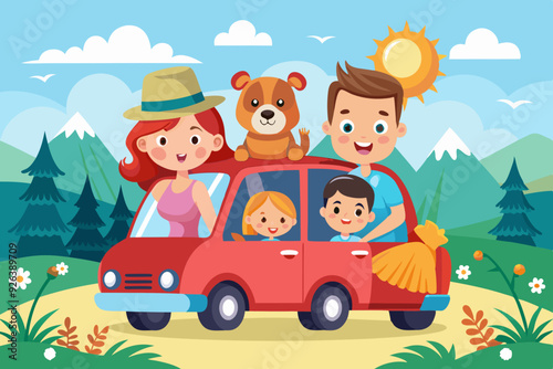 Happy family rides in a car. Dad, mom, children and a dog went on a vacation trip. Vector illustration 