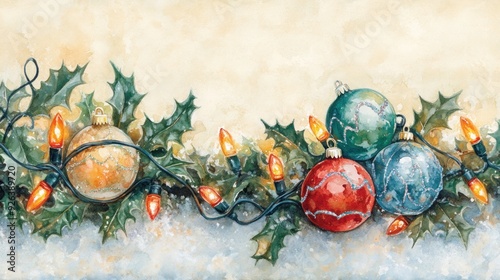 Vintage Christmas Garland with Ornaments and Lights on Beige Background