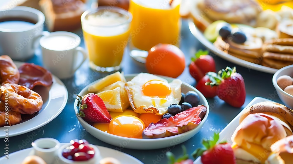 Delicious breakfast on a blue table Delicious breakfast on a blue table