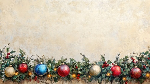 Vintage Christmas Garland with Ornaments and Lights on Beige Background
