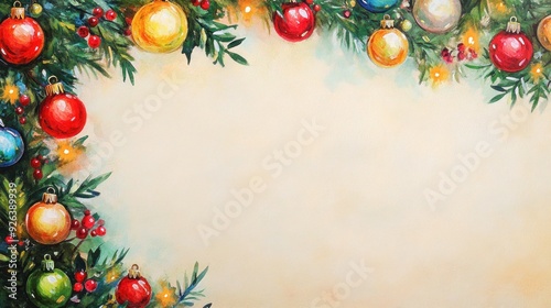Vintage Christmas Garland with Ornaments and Lights on Beige Background