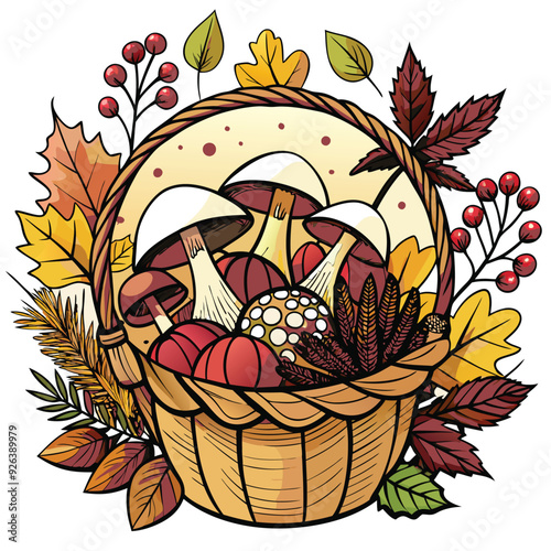 autumn basket with mushrooms, autumn leaves, a sprig of mountain ash