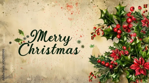 Vintage Merry Christmas Card with Holly and Snowflakes