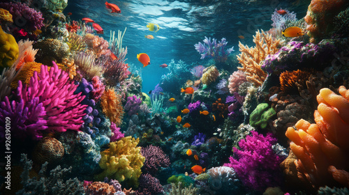 Colorful sea life surrounds vibrant coral formations. --ar 16:9 --v 6.1 Job ID: 5ba6e96c-332d-4411-a005-1db2af9b7d9b