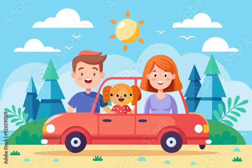 Happy family rides in a car. Dad, mom, children and a dog went on a vacation trip. Vector illustration
