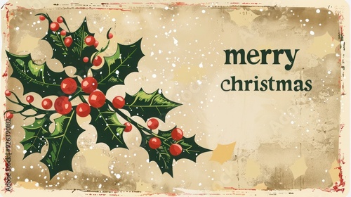 Vintage Merry Christmas Card with Holly and Snowflakes