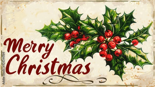 Vintage Merry Christmas Card with Holly and Snowflakes