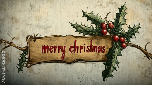 Vintage Merry Christmas Card with Holly and Snowflakes