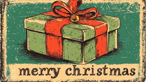 Vintage Merry Christmas Card with Gift Box Illustration
