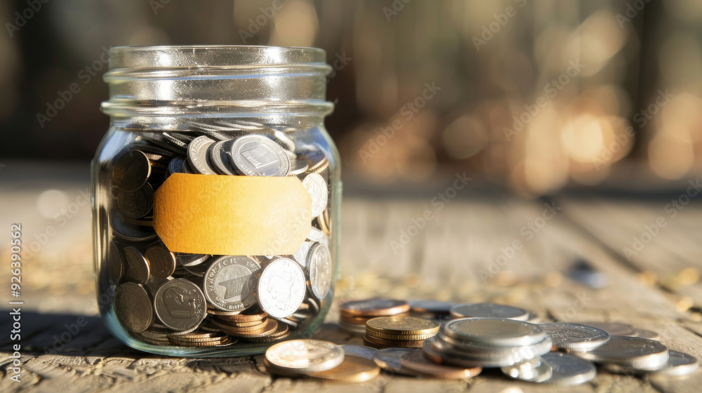 Saving money in a jar with label Saving money in a jar with label