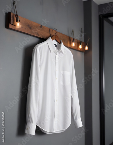White Dress Shirt on Hanger with Wooden Rack and String Lights Generative AI
