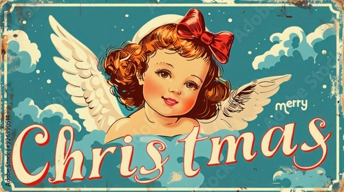 Vintage Merry Christmas Card with Angelic Child Illustration